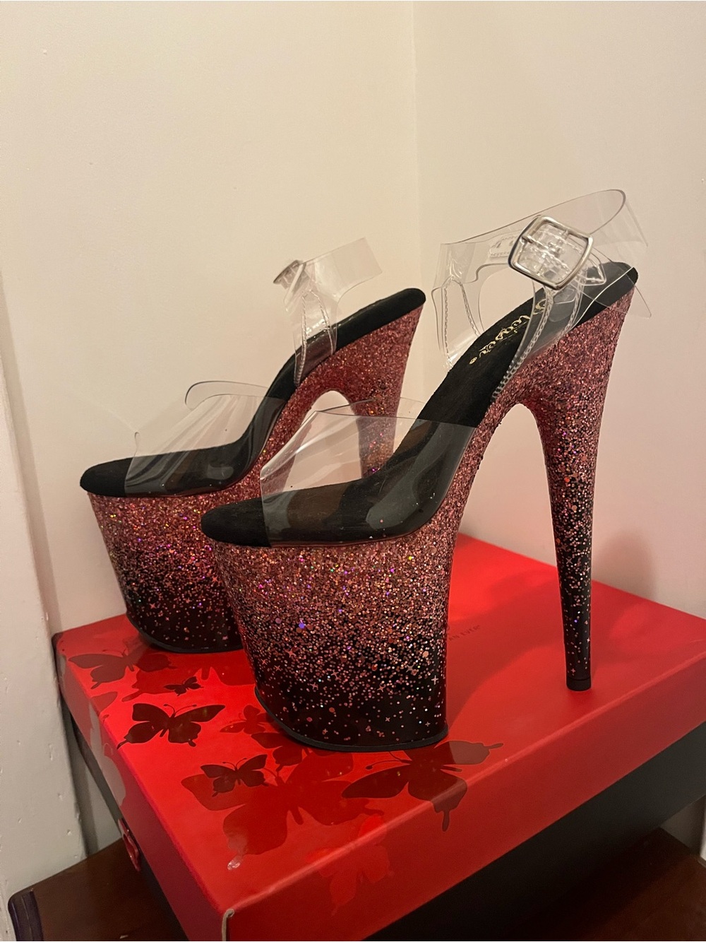 Pleasers Flamingo-808SS Pink Glitter Platform Heels